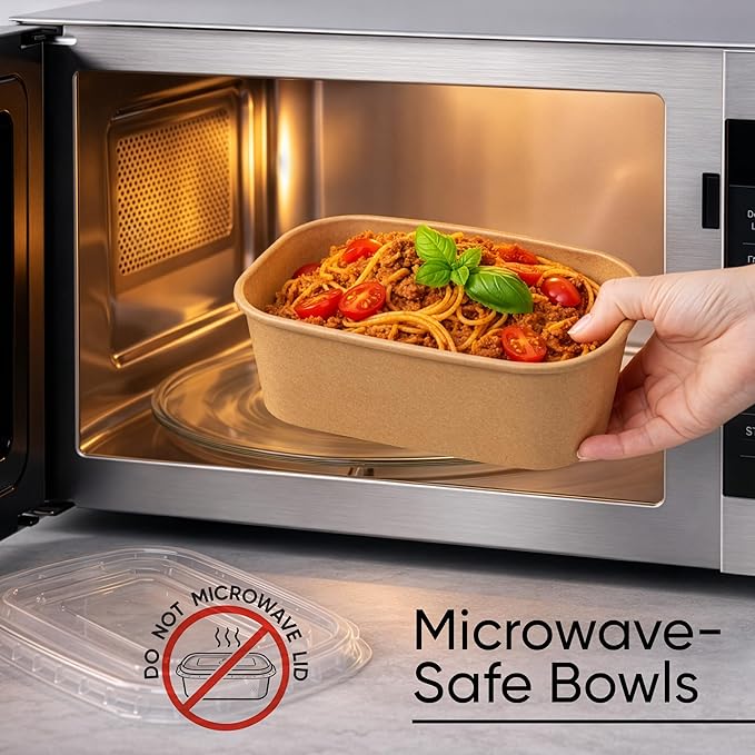 Leafiew 50 Pack 35Oz Disposable Meal Prep Containers With Lids - Microwave and Freezer Safe Kraft Paper Bowls with Lids and Forks - Disposable Food Containers - To Go Bowls for Food Prep and Salad