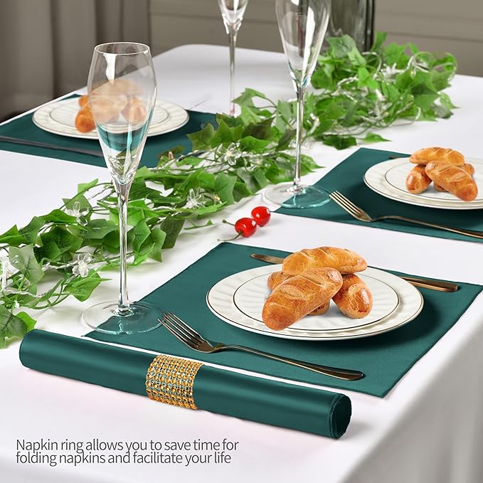 100 Pack Dark Green Satin Napkins and Napkin Rings Set, 12 x 12 Inch Silky Soft Cloth Napkins Set of 50, Square Satin Dinner Table Napkins Bulk for Wedding Banquet Graduation Party Decoration