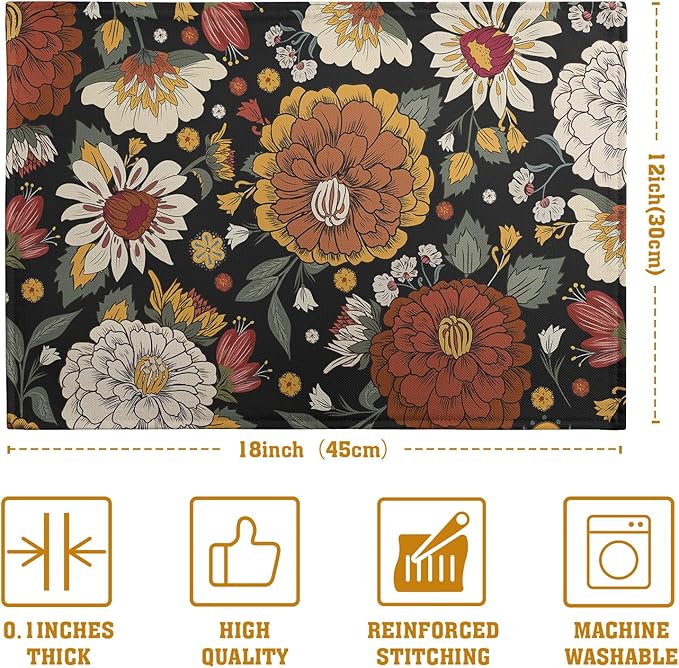 Black Boho Floral Placemats Set of 4 Spring Summer Vintage Flowers Botanical Decorative Table Mats Mid Century Modern Linen Place Mats for Party Kitchen Dining Outdoor Indoor Decor