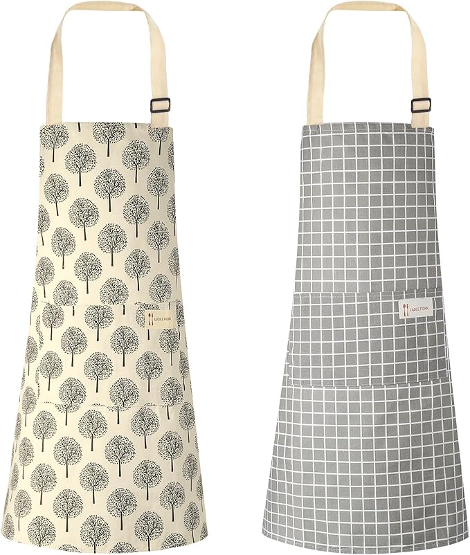 Syhood 2 Pack Aprons with 2 Pocket for Women Men Soft Linen Adjustable Bib Kitchen Cooking Apron for Chefs, Waiters, Baking(Grey Plaid Style)