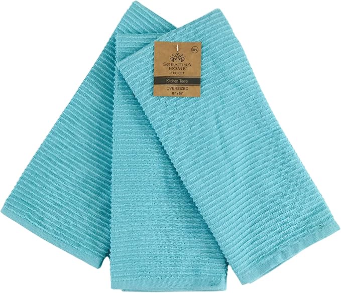Serafina Home Aqua Light Blue Kitchen Dish Towels: (18" x 28", 3 Pack) 100% Cotton Cloth Soft Cleaning Drying Absorbent Ribbed Terry Loop, Multipurpose (Aqua Blue)