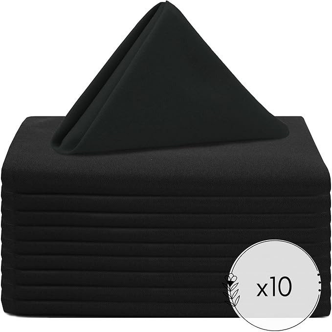 Your Chair Covers Cloth Polyester Napkins, 20 x 20 Inch, Washable Dinner Fabric Linen Napkins with Hemmed Edges for Restaurant, Wedding and Holiday Pack of 10 (Black)