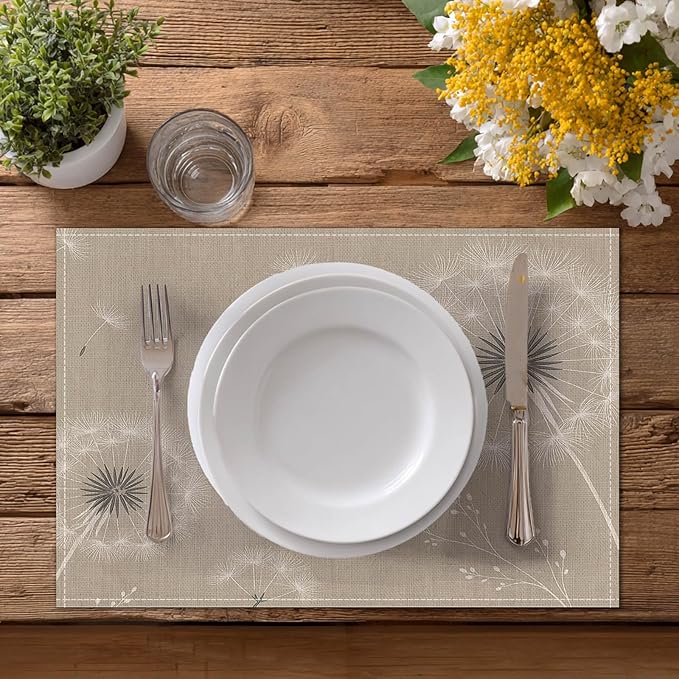 HOMETITUTE Dandelion Linen Placemats Set of 4 12x18 inch Spring Table Mats for Dining Table Farmhouse Decorations Kitchen Decor Desk Mat for Outdoor Home Party Kitchen Seasonal Dining Decor