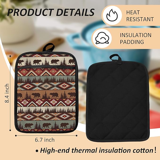 Western Aztec Bear Oven Mitts Set, Camping Camper RV Gifts, Aztec Native Tribal Heat Resistant Kitchen Oven Gloves for Baking and Cooking,Pot Holders