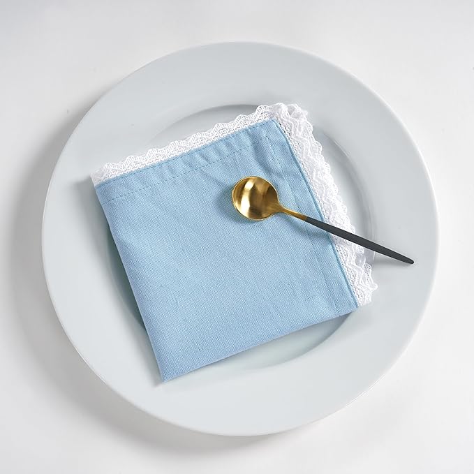 Fingercraft Dinner Cloth Napkin Cotton Linen Blend 12 Pack 12In Mitered Corners with Elegant Lace for Everyday Use Napkins Cloth are Pre Shrunk and Good Absorbency Sky Blue Easter Color