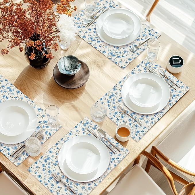 Cotton Linen Waterproof Placemats Set of 4, Blue Floral Dining Mat Table Mats Decor Fabric for Kitchen Dinner Coffee Shop Table, Indoor/Outdoor Washable Wipeable Placemat -N029