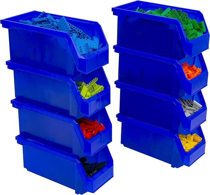 ReadySpace Plastic Containers for Organizing and Storage Bins for Closet, Kitchen, Office, Garage or Pantry Organization, Stackable Bins, Medium (11" x 5" x 5.5"), 8-Pack, Blue