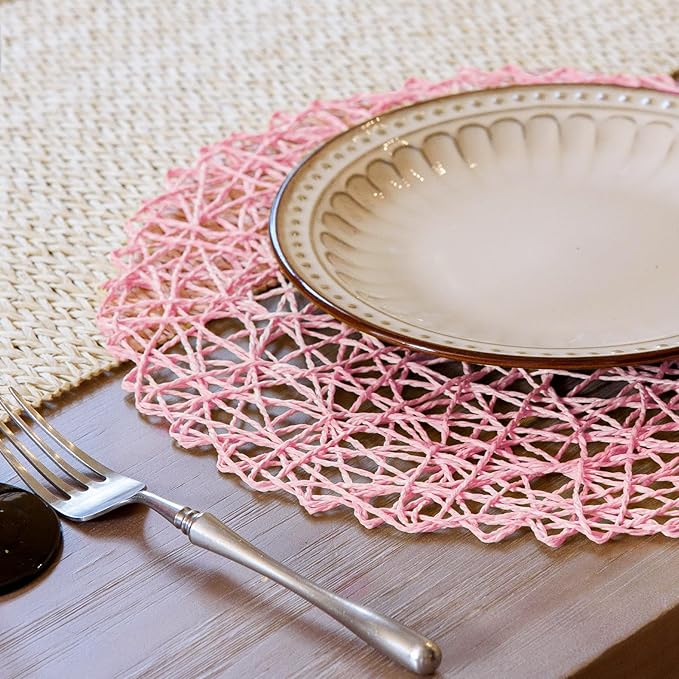 AHHFSMEI Paper Braided Round Placemats Set of 12 Natural Non-Slip Heat Resistant Table Mats for Dining Tables Woven Indoor Outdoor Place mats(Pink)