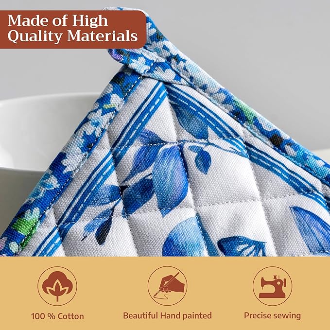 Maison d' Hermine 100% Cotton Oven Mitt & Pot Holder Set (7.5"x13" & 8"x8") Heat Resistant BBQ Cooking Gloves with Loop Baking Grilling Kitchen Gifts for Mothers Day Spring/Summer (Summer Blues)