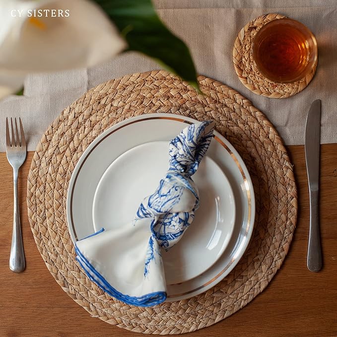 Round Woven Placemats Set of 4, Natural Water Hyacinth Place mats, 13.5 Inch Rattan Placemats Wicker Placemats Farmhouse Boho Braided Heat Resistant Outdoor Placemat Patio Table Place Mats