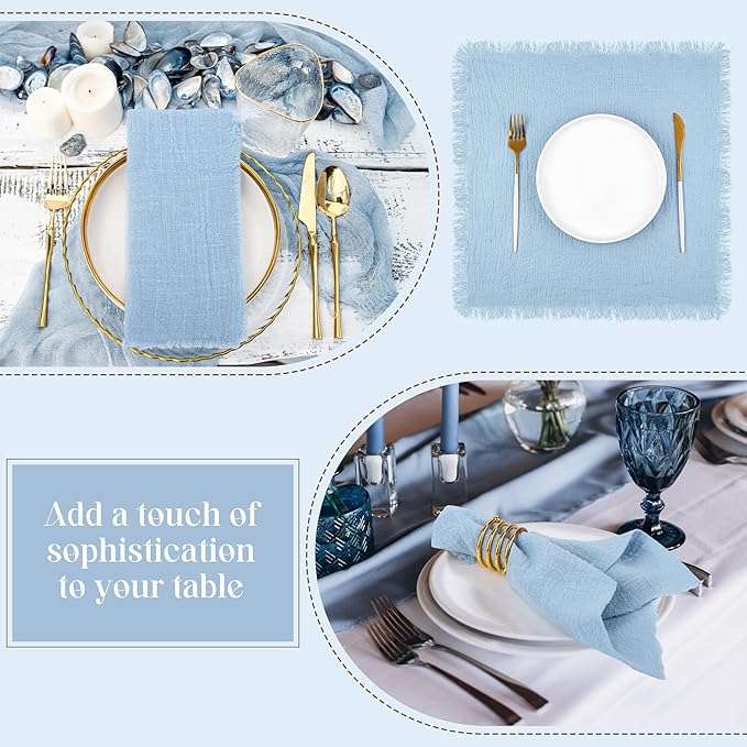 TURSTIN 12 Pieces Cotton Linen Cloth Napkin Handmade Cloth Napkin with Fringe 17 x 17 Inch Soft Cloth Dinner Wedding Napkin Square Rustic Fringe Table Napkin for Dinners, Parties, Weddings, Light Blue