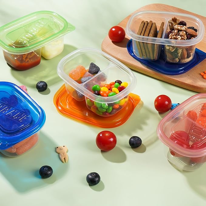 ALFEVA 20Pcs Reusable Snack Containers with Lids Portion Control, Meal Prep Containers for Kids Adults, 10 Forks, Double Compartment Snack Containers for Travel - Camping Essentials (4 Color)