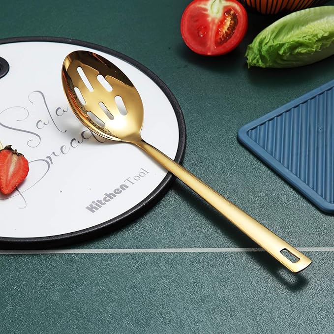 Berglander Gold Cooking Spoon, Stainless Steel Slotted Serving Spoon Titanium Gold Plating, Kitchen Basting Spoon For Cooking, Dishwasher Safe, Easy to Clean
