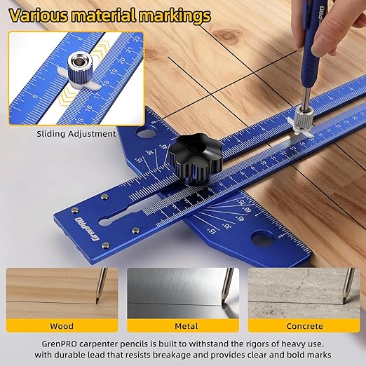 GRENPRO Woodworking Scriber Marking Line Ruler with Carpenter Pencil & Metal Ruler, Adjustable Aluminum Alloy Sliding T-Square Ruler, Measuring Angle Finder with Adjustment Scale,Drawing Aid Rule tool