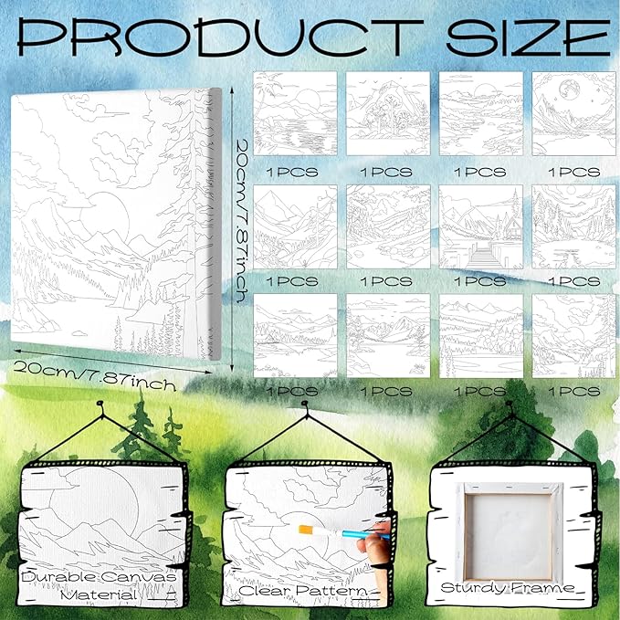 Motipuns 12 Set Pre Drawn Canvas for Painting for Adults Sip and Paint Kit with Easels 8 x 10 Inches Paint Party Kit with Printed Canvas Paints Brushes Palette Bag Apron(Landscape)