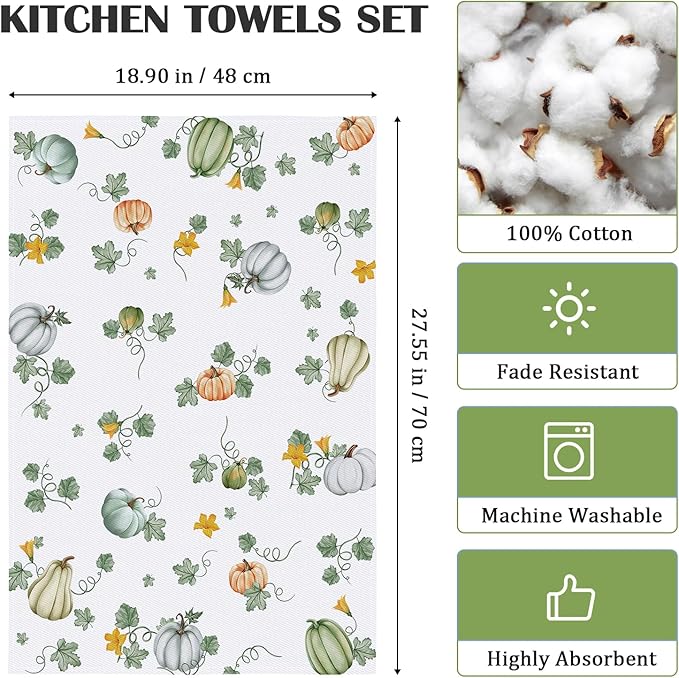 Pumpkins Tea Towels, Cotton Kitchen Towel 18.9 × 27.5 inch, Quick Drying Dish Cloth for Party Anniversary Holiday Decoration Housewarming Gifts