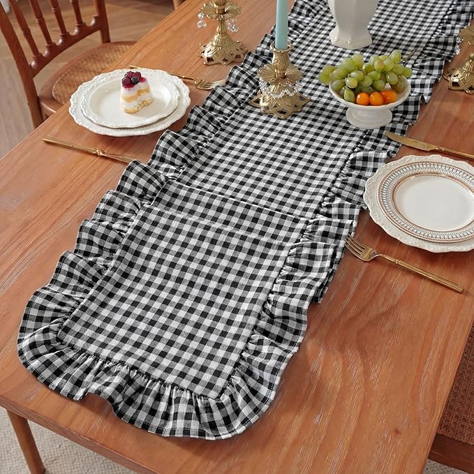 HunnmingRe 1 Pcs White and Black Plaid Gingham Ruffle Table Runner 72 x 13.8'' Farmhouse Buffalo Table Runner 100% Cotton Scalloped Long Dresser Scarves for Dining Room, Kitchen Rustic Home Decor