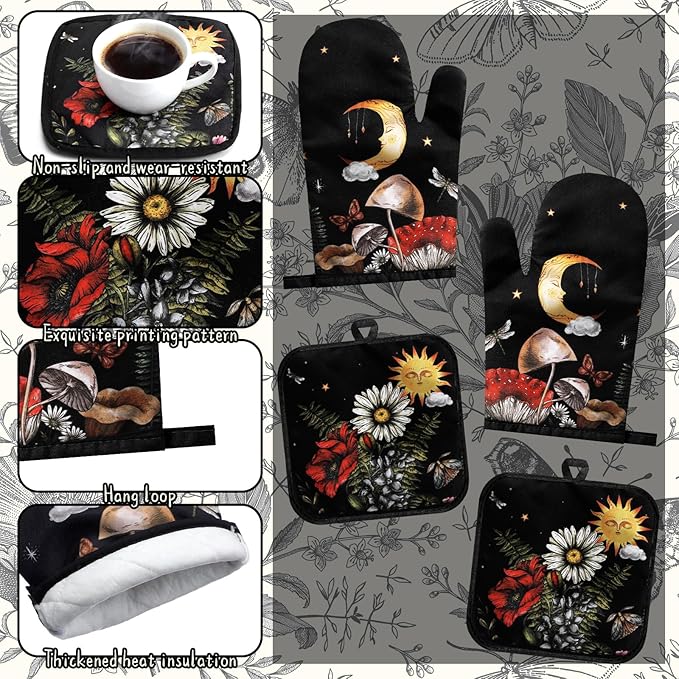12 Pcs Black Witchy Kitchen Decor Set 4 Mushroom Kitchentowels 4 Absorbent Dishcloths 2 Sun Moon Star Oven Mitts Gloves 2 Butterfly Rustic Pot Holders Sets for Home Decorations Mom Gifts