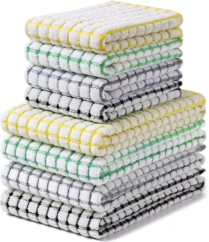 Homaxy Kitchen Towels and Dishcloths Set, 16 x 25 and 12 x 12 Inches, Set of 8 Cotton Terry Kitchen Dish Towels, Super Soft and Absorbent Dish Cloths, Black/Grey/Yellow/Green
