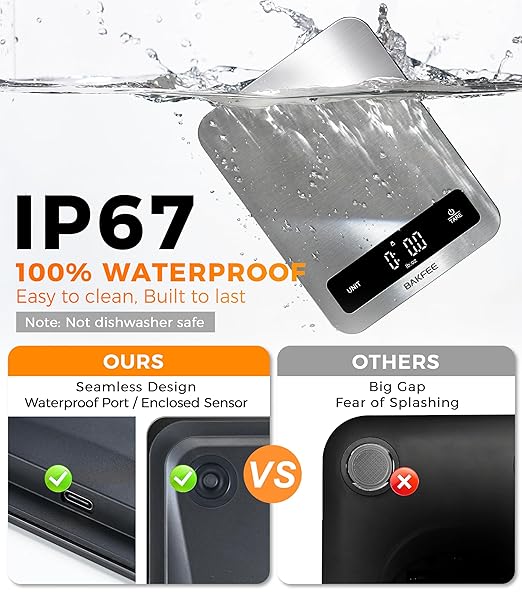 100% Waterproof Food Scale, IP67 Digital Kitchen Scale, Rechargeable (USB-C), 0.1oz/1g Precision, 22lb Capacity, Stainless Steel & Tempered Glass, Large Wide-View Display, Tare, 6 Units, Black