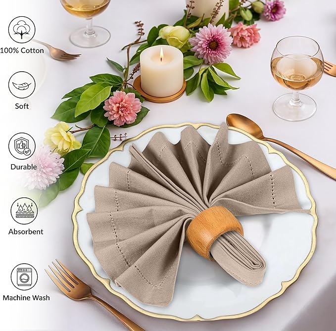 Ruvanti Cloth Napkins Set of 12, 100% Cotton High GSM 18x18 Inches, Hem Stitched Corners, Soft, Washable, Highly Durable & Absorbent, Perfect for Parties, Christmas, Thanksgiving Dinners – Light Taupe