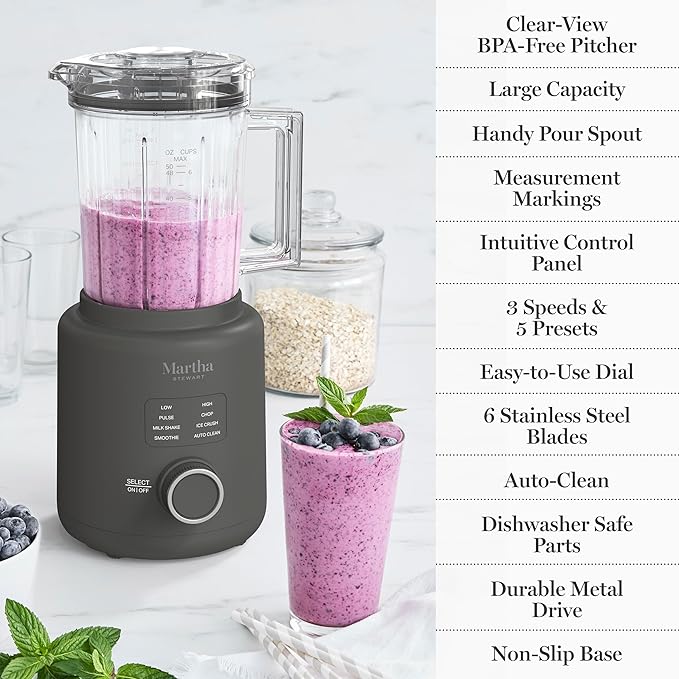 Martha Stewart Countertop Blender, 50oz Jar, 6 Stainless Steel Blades 3 Speeds & 5 Presets, Auto Clean, Smoothies, Crush Ice, Shakes, Chop, Margarita, Measurement Markings, 700W, Caviar Gray