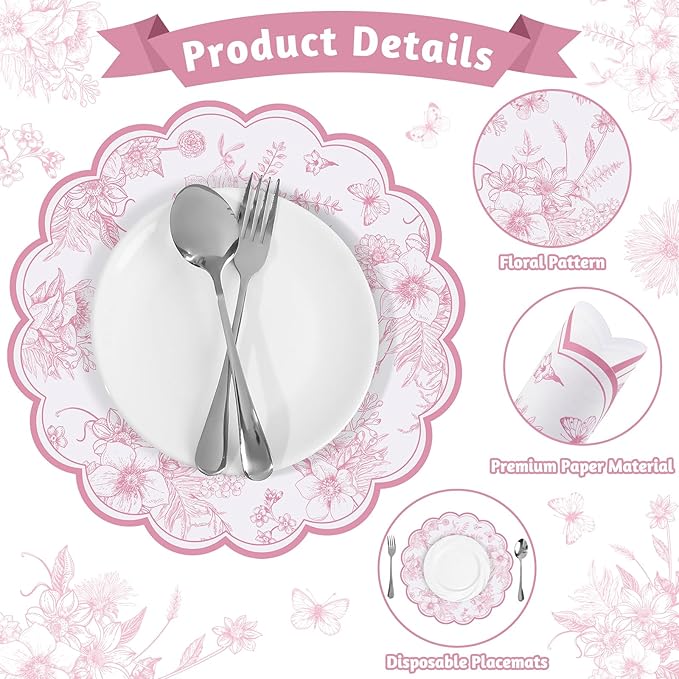60 Pcs Pink Floral Paper Placemats, 13.5 Inch Disposable Scalloped Table Mats Wedding Placemats, Vintage Floral Banquet Place Mats for Table Setting Mother's Day Anniversay Wedding Bridal Tea Party