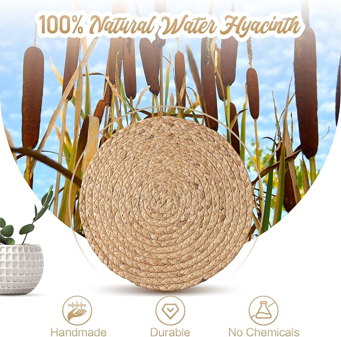 Aofmee 12 inch Round Woven Placemats Set of 6, Boho Rattan Place Mats, Natural Water Hyacinth Table Placemats, Farmhouse Weave Table Mats, Rustic Braided Wicker Charger Plates for Dining Table Decor
