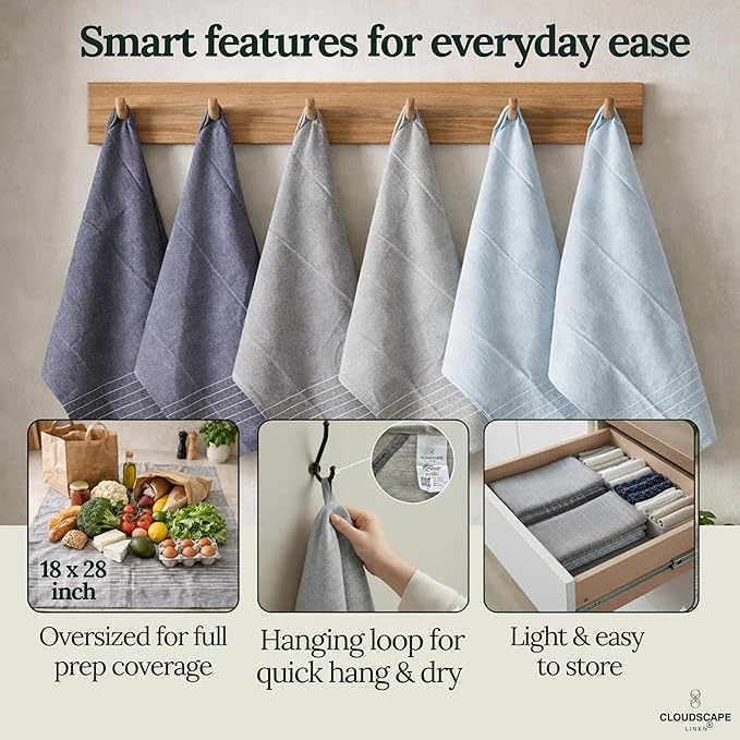 CLOUDSCAPE Kitchen Towels - 6 Pack: Quick-Drying Dish Towel for Kitchen Essentials, 18”x28” Cotton Blended Ribbed Hand Towel with Hanging Loop - Highly Absorbent, Dish Cloths for Washing Dishes -AIG