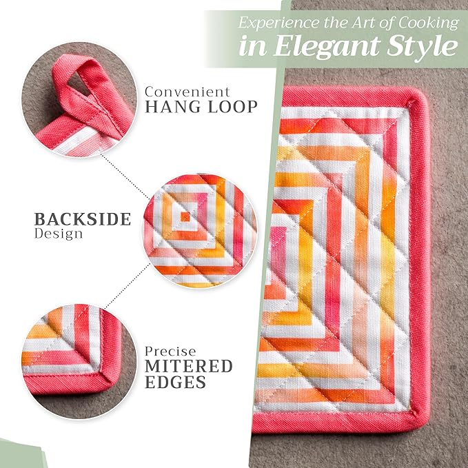 Maison d' Hermine Pot Holders 100% Cotton Heat Resistant Potholders 8" x 8" Hot Pads with Loop BBQ Cooking Baking Gifts for Mothers Day Handling Hot Pans Spring/Summer (Pack of 2, Summer Maze)