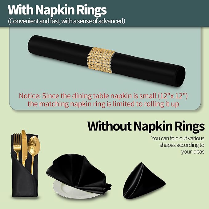 100 Pack Black Satin Napkins and Napkin Rings Set, 12 x 12 Inch Silky Soft Cloth Napkins Set of 50, Square Satin Dinner Table Napkins Bulk for Wedding Banquet Graduation Party Decoration