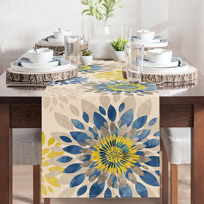 Geometric Dahlia Flower Dining Table Runner, Blue Yellow Floral Modern Art Burlap Kitchen Decoration, Spring Summer Farmhouse Indoor Outdoor Home Decor Party Supply 13 x 90 Inches