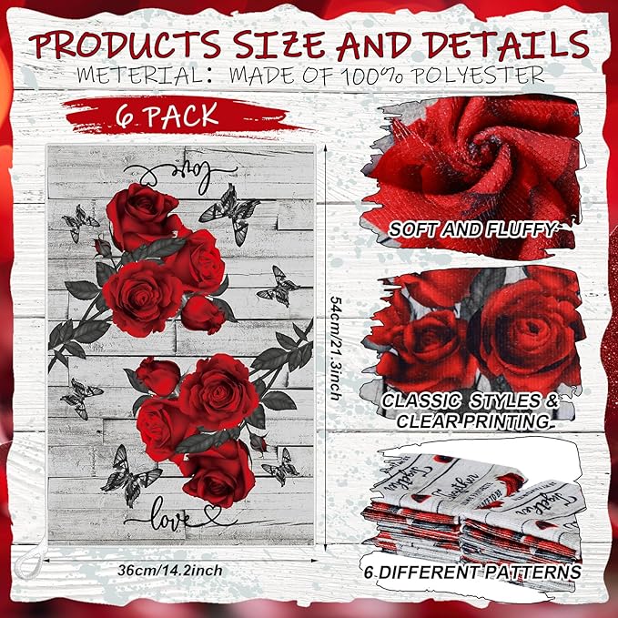 Breling Set of 6 Valentine's Day Red Rose Kitchen Towels Vintage Flowers Dish Towel Romantic Floral Decorative Hand Cloths for Valentine Kitchen Bathroom Decoration Housewarming Gifts, 14 x 21 Inch
