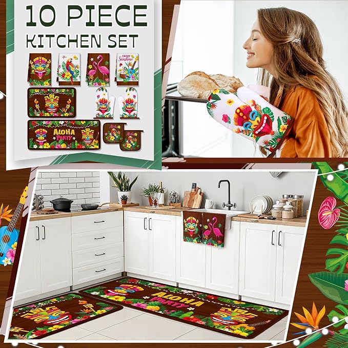 Fourluoo 10 Pcs Hawaii Kitchen Towels Oven Mitts and Pot Holder Luau Aloha Kitchen Set Decor Flower Tropical Palm Rugs and Mats Parrot Flamingo Dish Towels for Summer Chef Baking Cooking Grilling BBQ