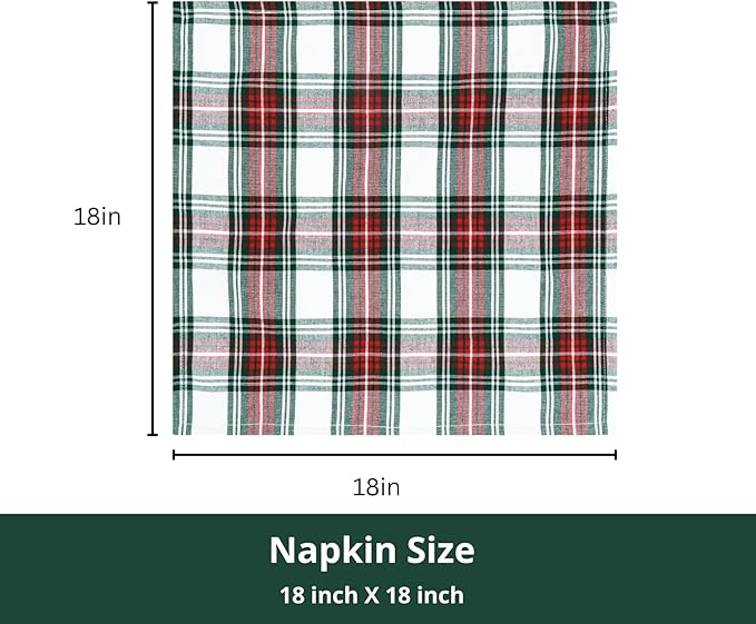 PurpleEssences Tartan Plaid Cloth Napkins - Mitered Corners - Spring Easter Summer - Scottish Check Dinner Napkin - Set of 12-100% Cotton - 18x18 Inch - Reusable Washable - Red and White