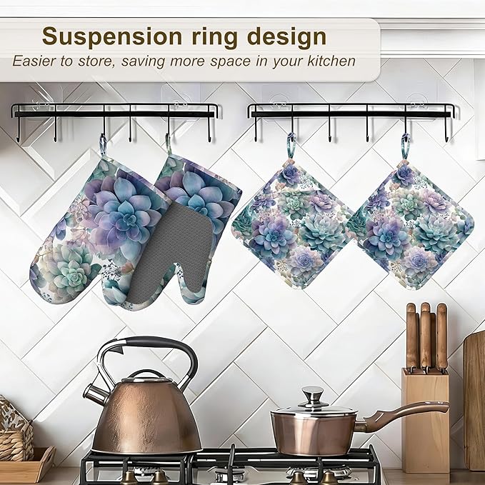 Succulent Botanical Floral Oven Mitts and Pot Holders Sets of 4, Heat Resistant Silicone Oven Mitts Gloves Non-Slip Kitchen Mittens Potholders for Cooking Baking Grilling BBQ