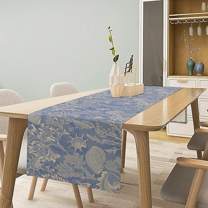Nautical Themed Table Runner Beach Coastal Coral Starfish Shell Art Printed Runner for Home Kitchen Dining Table Living Room Decor Fabric 1 Panel W13xL120in