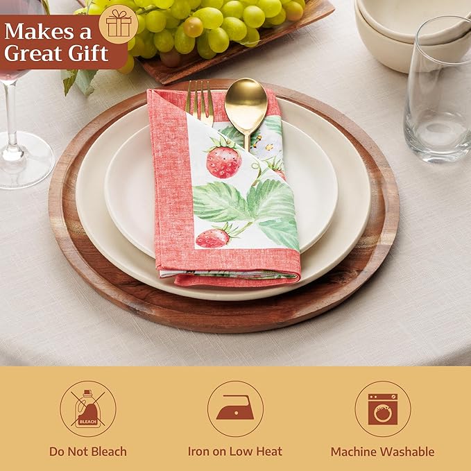 Maison d' Hermine Cloth Napkins Set of 4 100% Cotton Everyday Reusable Square Napkins Cloth Washable Dinner Wedding Restaurant Gifts for Mothers Day Spring/Summer (Strawberry Summer, 18" x 18")