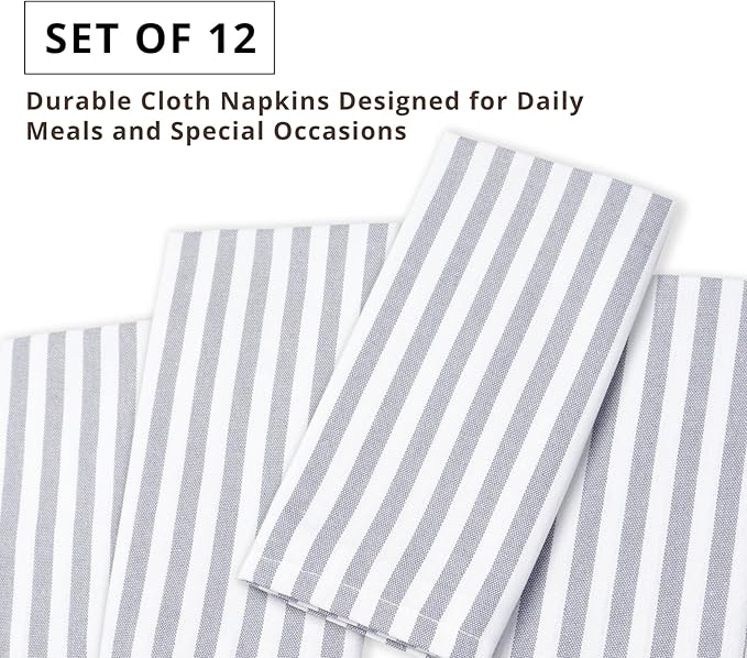 PurpleEssences Plain Striped Cloth Napkins - Set of 12-100% Cotton - 18 x 18 Inch - Spring Easter Summer and Perfect Everyday Use Dinner Napkin - Gray and White