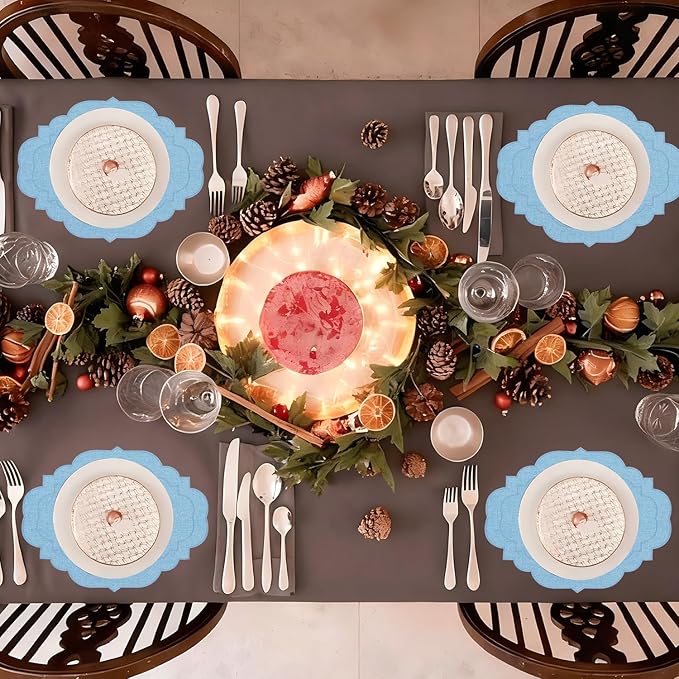 Cotton Linen Oval Placemats Set of 4, HADEEONG Table Mats Cloth Placemats, Washable Wrinkle Resistance, Scalloped & Embroidered Fabric Placemats, 17.71 x 13.77inch (Sky Blue, 4)