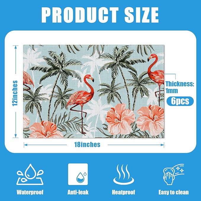Flamingo Floral Palm Placemats Set of 6, Tropical Flower Tree Washable Linen Place Mat Heat Resistant Non Slip Kitchen Dining Table Mats 12x18 Inch