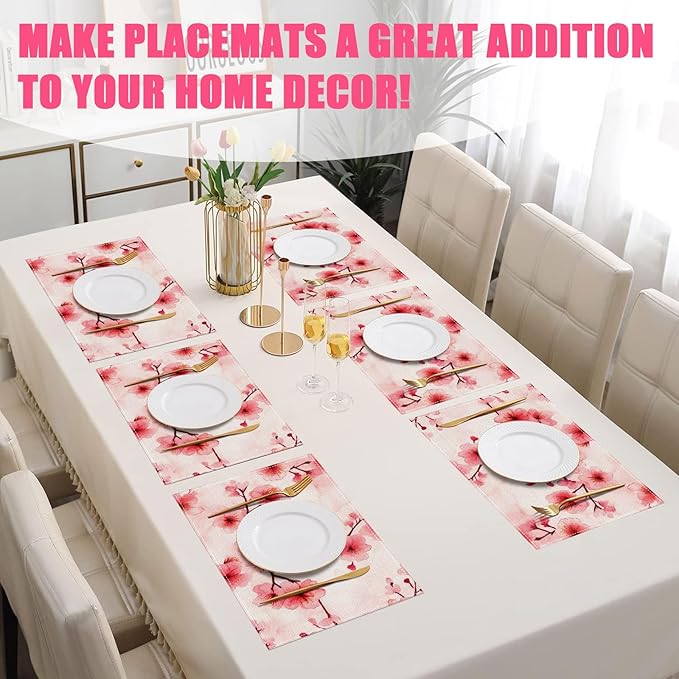 Pink Cherry Blossom Placemats Set of 6,12x18 Inch Branches Spring Floral Linen Place Mat Washable Stain Resistant Table Mats for Seasonal Farmhouse Kitchen Party Home Decor
