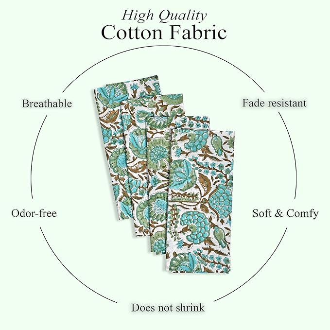 CPC Cloth Napkins Set of 4 Cotton Printed Dinner Hand Print Napkins I Wedding Cocktail Cloth Floral Napkins I 18x18 in I Aqua Green