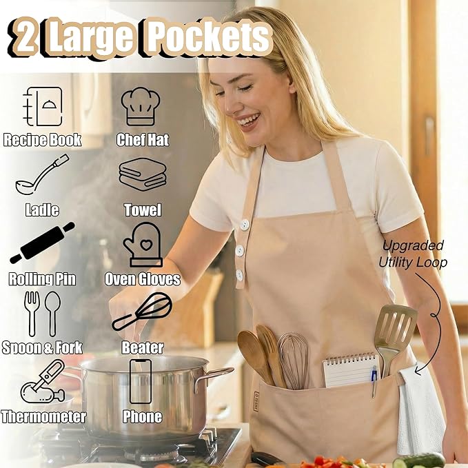 TOSHE Kitchen Apron Waterdrop Resistant Cotton Apron with adjustable Aprons for Women with Pockets 10 Color option Cooking Beige Apron(Beige)