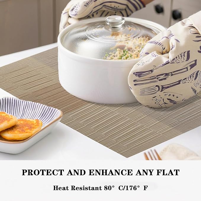 Gold Placemats Set of 2 - Heat Resistant Non-Slip Place mats for Dining Table, Washable Durable PVC Vinyl Woven Table Mats (Gold, 2)
