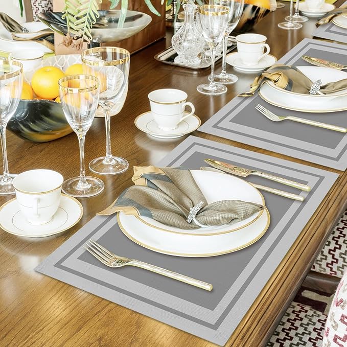 Gray Cotton Linen Placemats Set of 4, 12x18 Table Mat for Family Dinners Wedding Parties Restaurant Kitchen Decoration, Waterproof Washable Heat Resistant Place Mats -a22