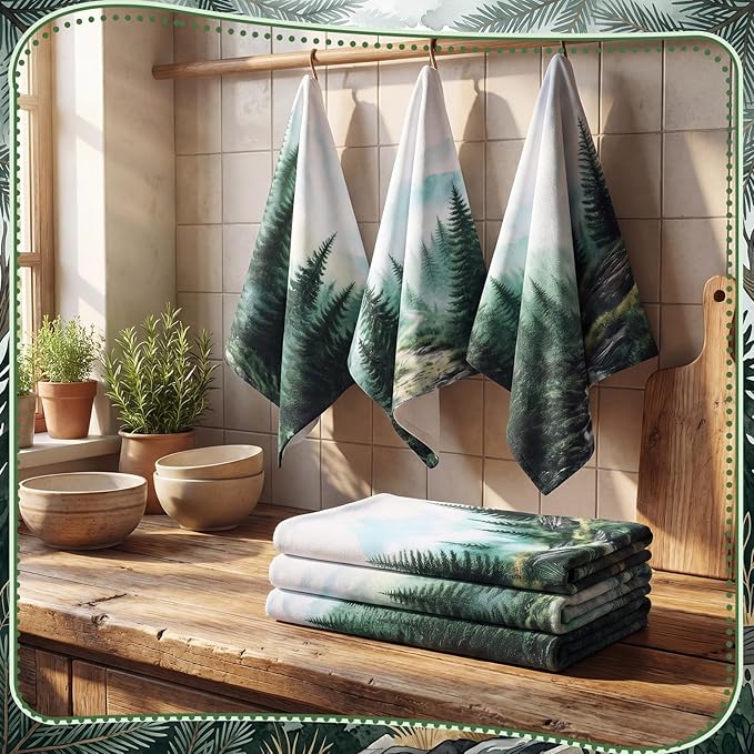 Breling Set of 6 Green Misty Forest Kitchen Towels Forest Dish Towel Bathroom Decorative Green Cloths for Kitchen Bathroom Home Cooking Housewarming Gifts, 14 x 21 Inch