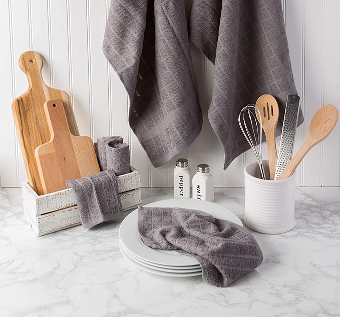 DII Basic Terry Collection Solid Windowpane Dishcloth Set, 12x12, Gray, 6 Piece