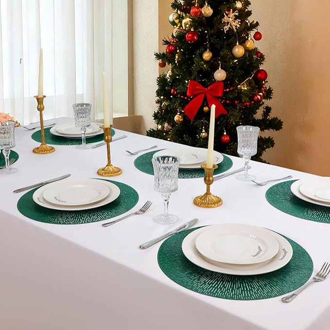 Snowkingdom Green St. Patrick's Day Placemats Set of 8, Vinyl 15 Inch Round Emerald Green Place Mats, Easter Washable Wipeable Non Slip Kitchen Dining Hollow Table Mats for Wedding Party Decor