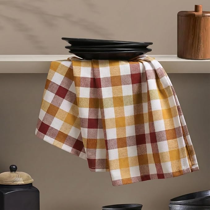 Gingham Checked Napkins 12 Pack, 18x18 Inches, Washable Linens for Everyday Dining, Reusable Table Cloth Napkins for Dinner, Birthdays, Celebrations - Burgundy, Brown, Mustard Yellow